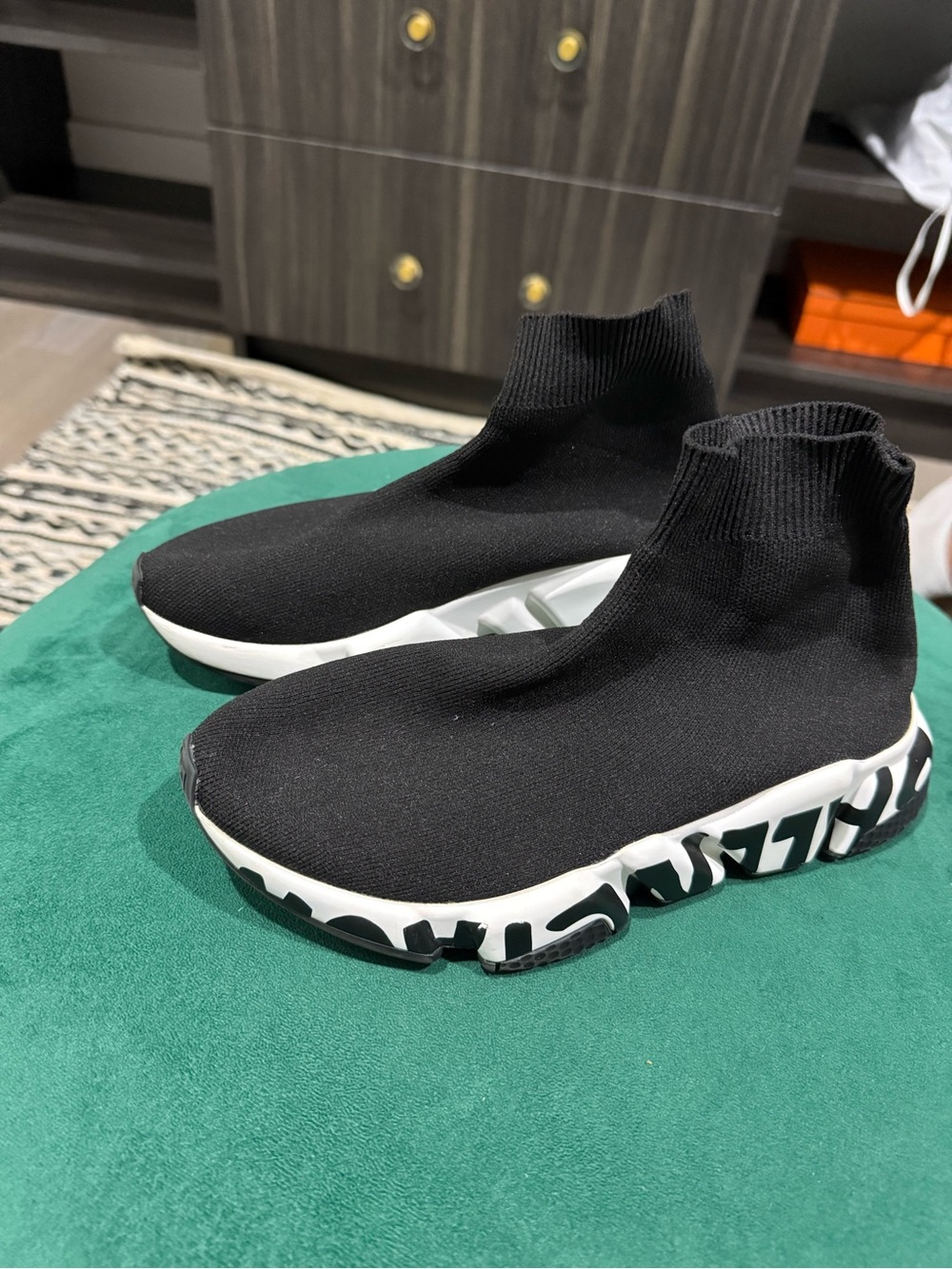 Balenciaga Black Knit Sock Sneakers with White Graphic Sole
